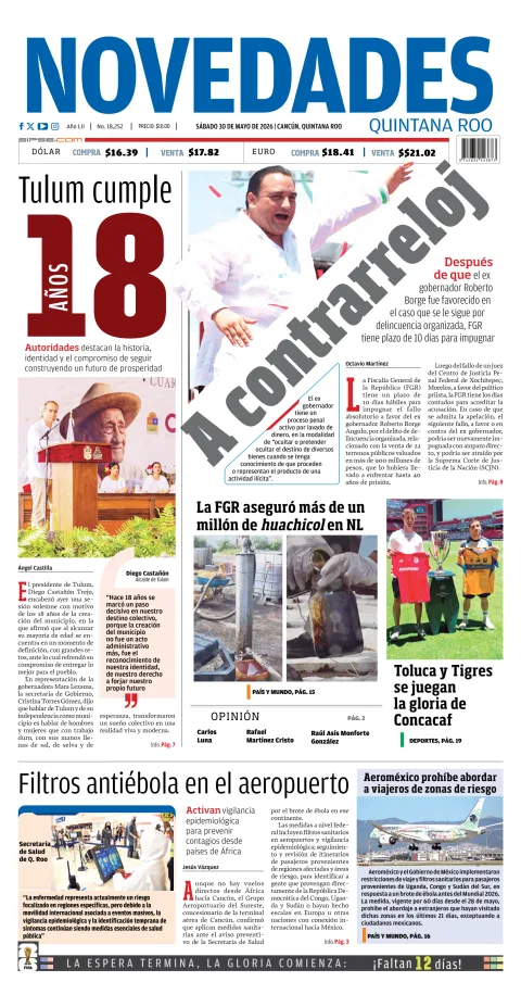 Portada de Novedades Quintana Roo del sábado, 30 de mayo de 2026