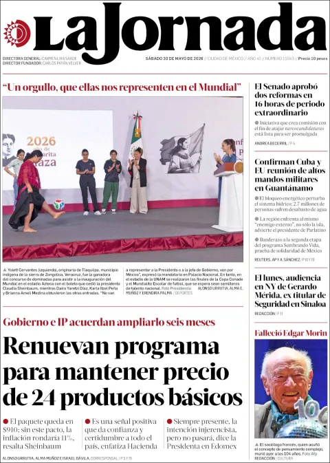 Portada de La Jornada del sábado, 30 de mayo de 2026