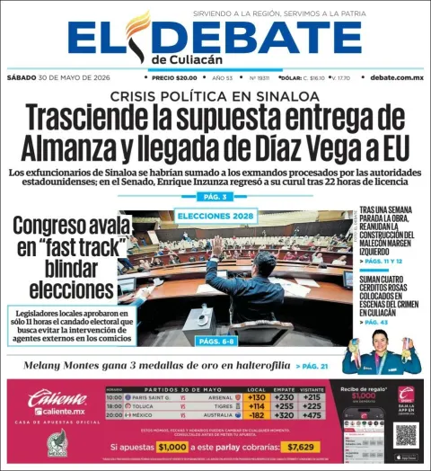 Portada de El Debate de Culiacan del sábado, 30 de mayo de 2026