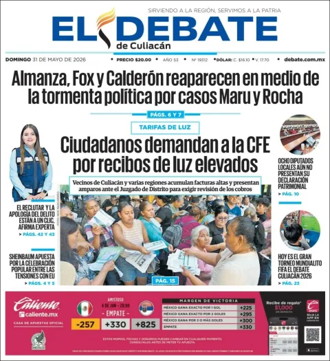 Portada de El Debate de Culiacan del domingo, 31 de mayo de 2026