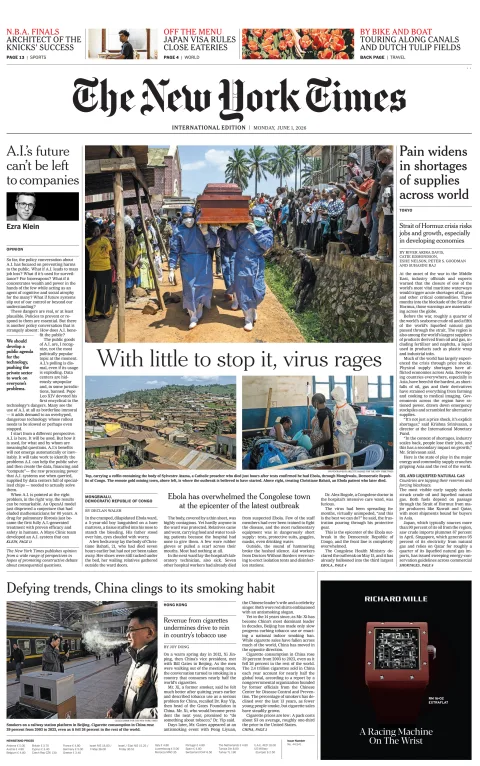 Portada de The New York Times (international) del lunes, 1 de junio de 2026