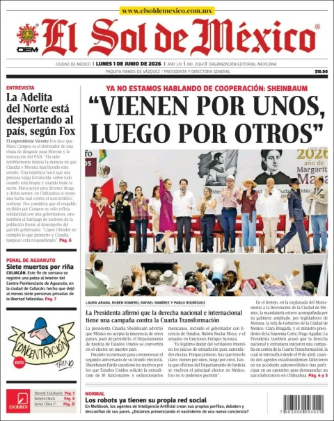 Portada de El Sol de Mexico del lunes, 1 de junio de 2026