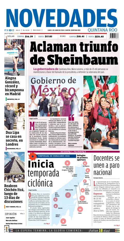 Portada de Novedades Quintana Roo del lunes, 1 de junio de 2026