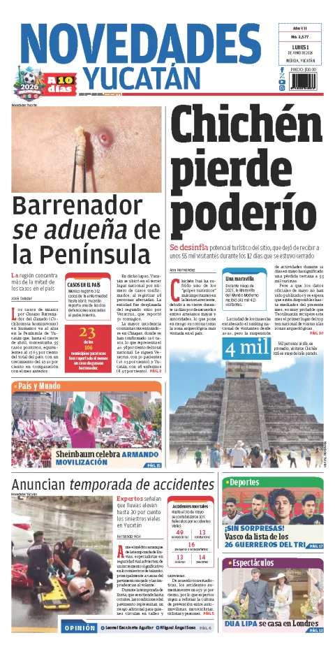Portada de Novedades Yucatan del lunes, 1 de junio de 2026