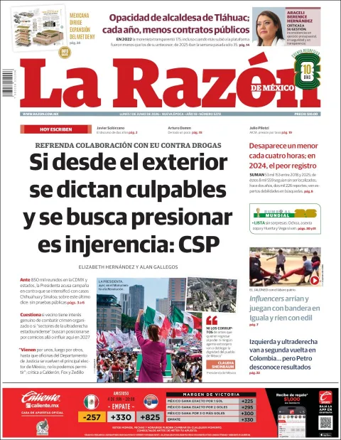 Portada de La Razon del lunes, 1 de junio de 2026