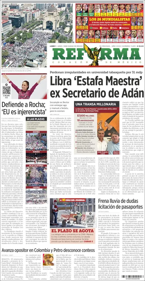 Portada de Reforma del lunes, 1 de junio de 2026