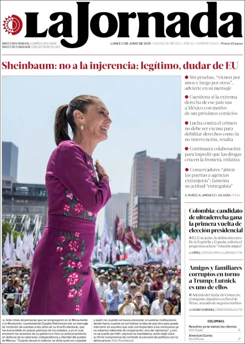 Portada de La Jornada del lunes, 1 de junio de 2026