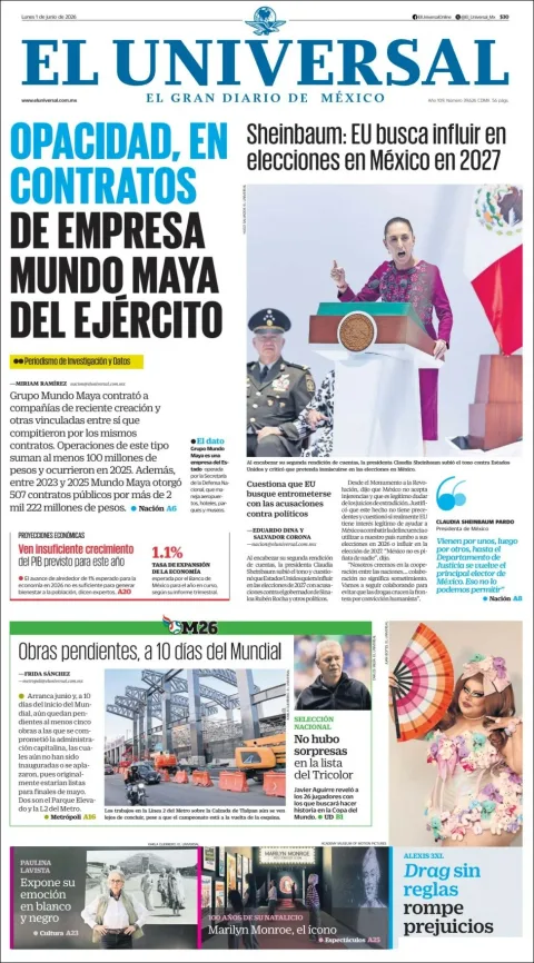 Portada de El Universal del lunes, 1 de junio de 2026