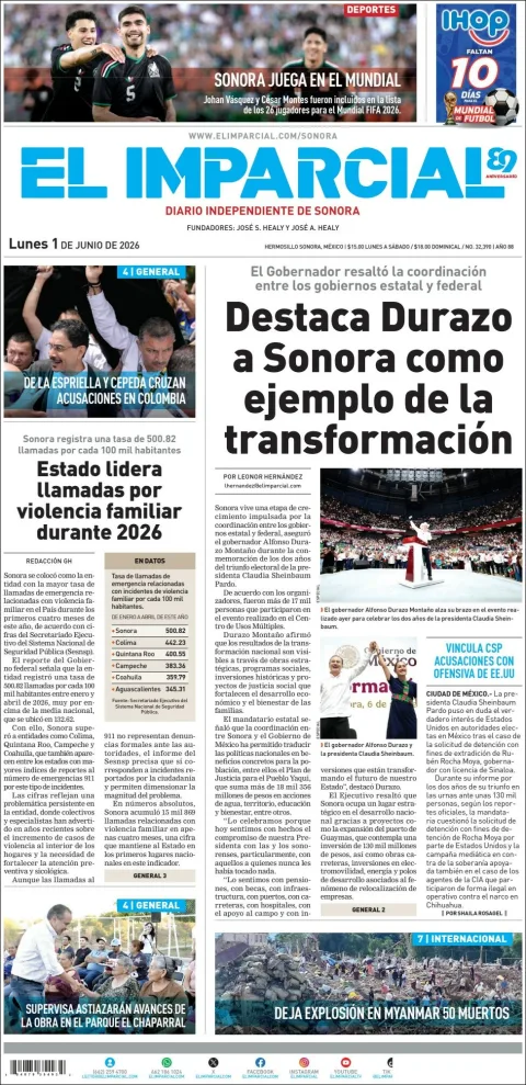 Portada de El Imparcial del lunes, 1 de junio de 2026