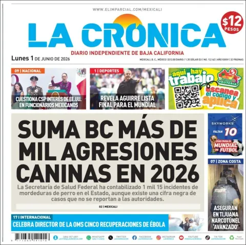 Portada de La Cronica del lunes, 1 de junio de 2026