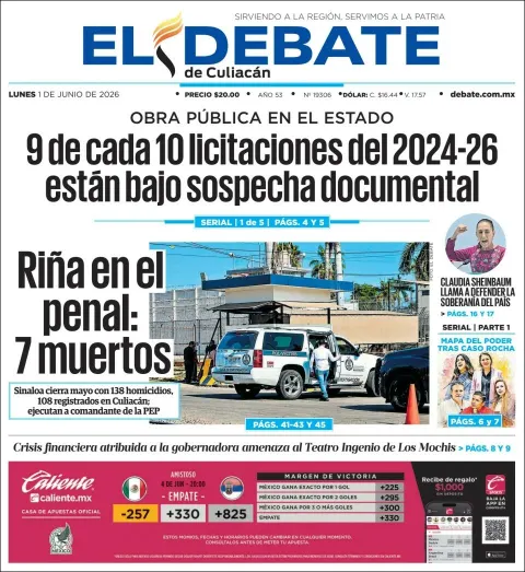 Portada de El Debate de Culiacan del lunes, 1 de junio de 2026