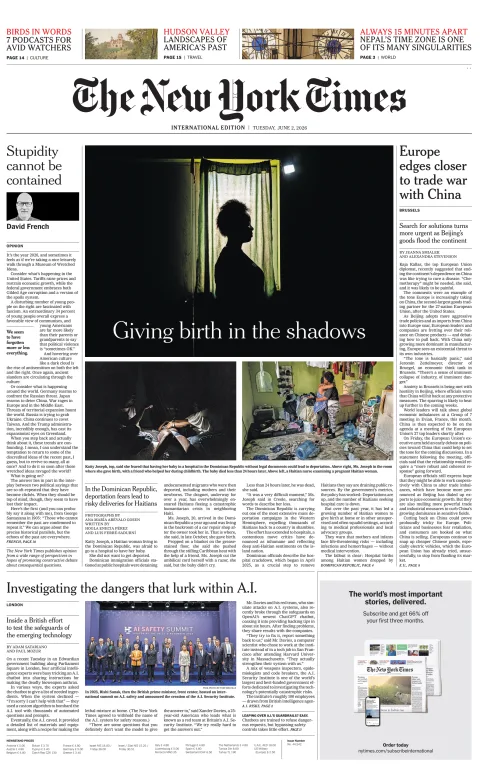 Portada de The New York Times (international) del martes, 2 de junio de 2026
