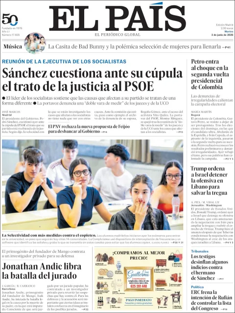 Portada de El Pais del martes, 2 de junio de 2026