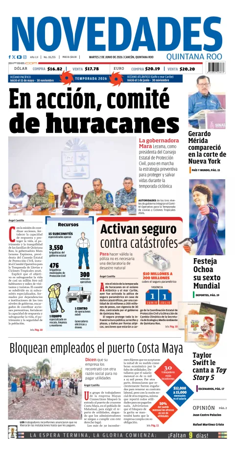 Portada de Novedades Quintana Roo del martes, 2 de junio de 2026