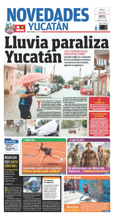 Portada de Novedades Yucatan del martes, 2 de junio de 2026