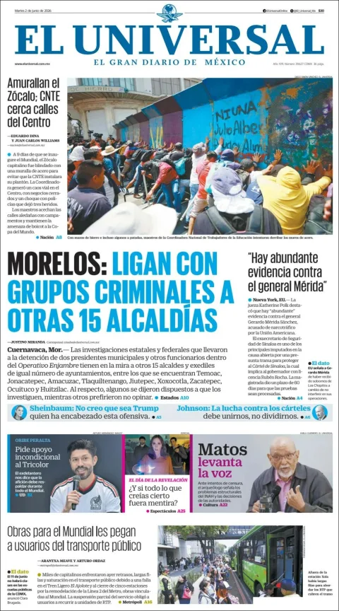 Portada de El Universal del martes, 2 de junio de 2026