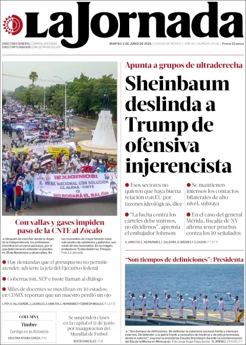 Portada de La Jornada del martes, 2 de junio de 2026