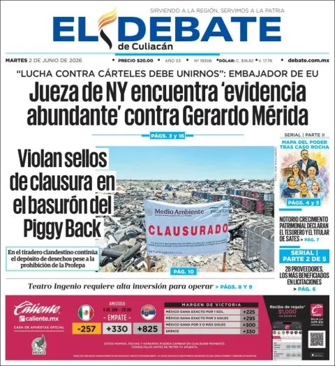Portada de El Debate de Culiacan del martes, 2 de junio de 2026