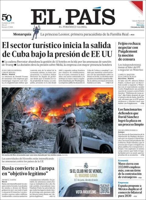 Portada de El Pais del miércoles, 3 de junio de 2026