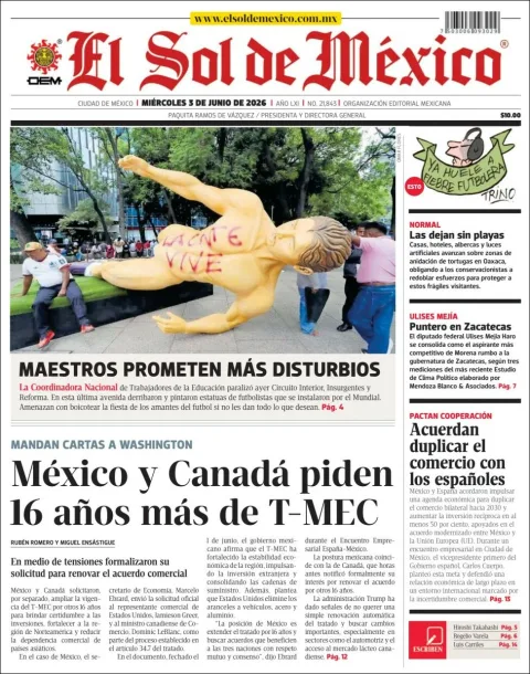 Portada de El Sol de Mexico del miércoles, 3 de junio de 2026