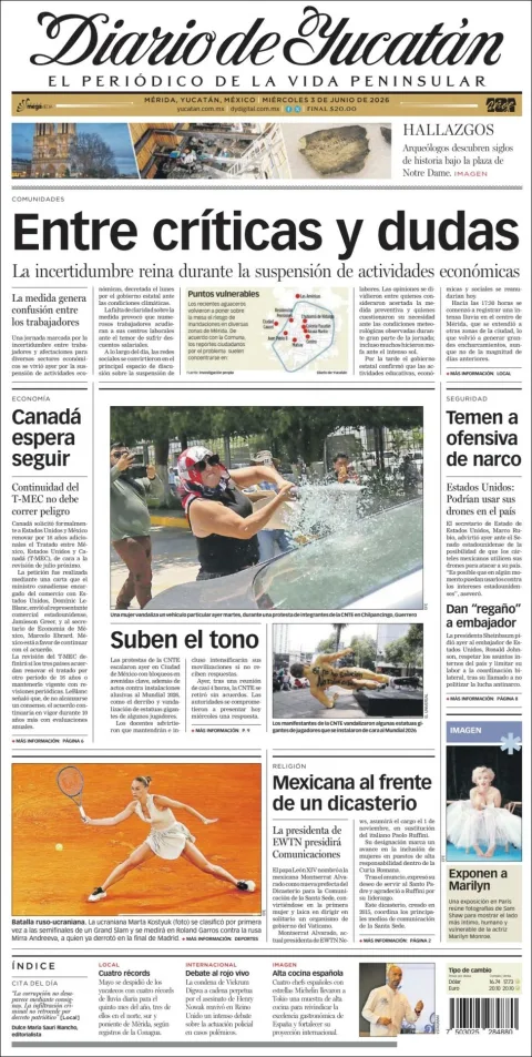 Portada de Diario de Yucatán del miércoles, 3 de junio de 2026
