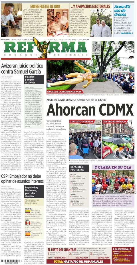 Portada de Reforma del miércoles, 3 de junio de 2026