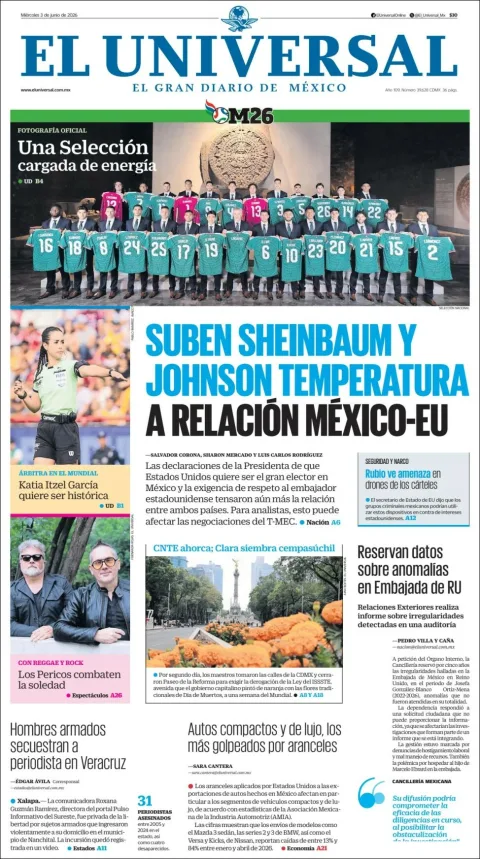 Portada de El Universal del miércoles, 3 de junio de 2026