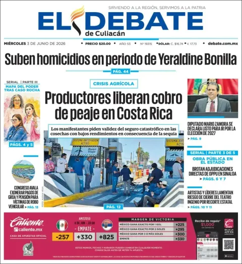 Portada de El Debate de Culiacan del miércoles, 3 de junio de 2026