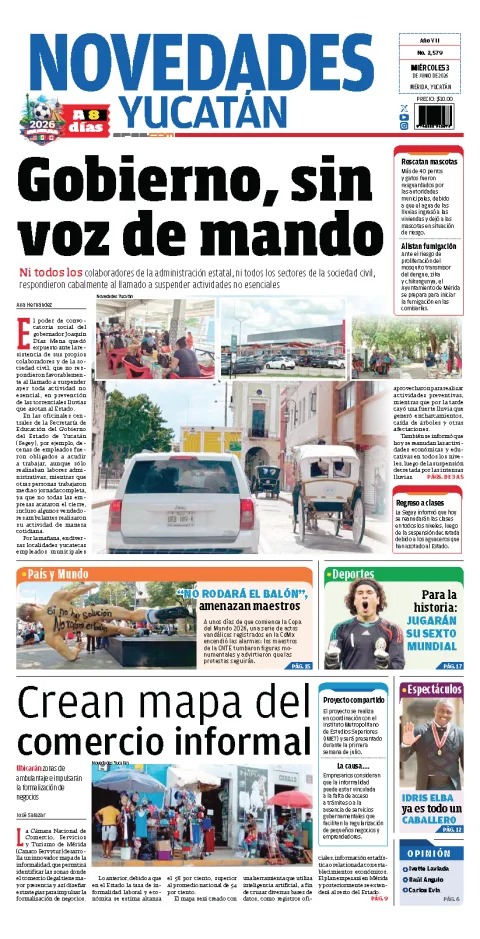 Portada de Novedades Yucatan del miércoles, 3 de junio de 2026