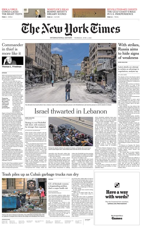 Portada de The New York Times (international) del jueves, 4 de junio de 2026