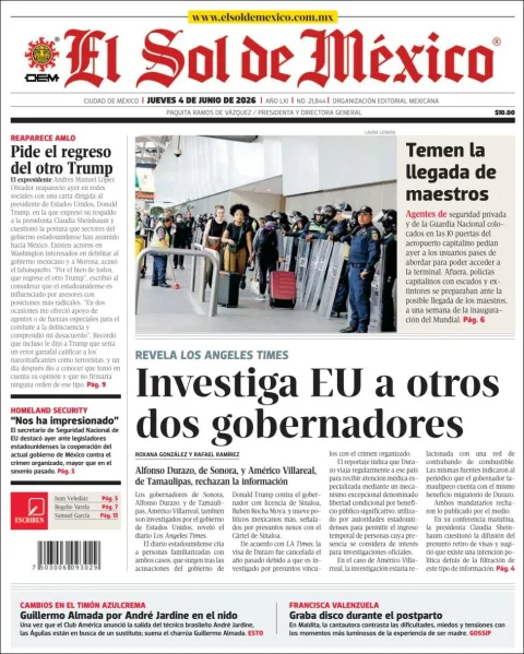 Portada de El Sol de Mexico del jueves, 4 de junio de 2026