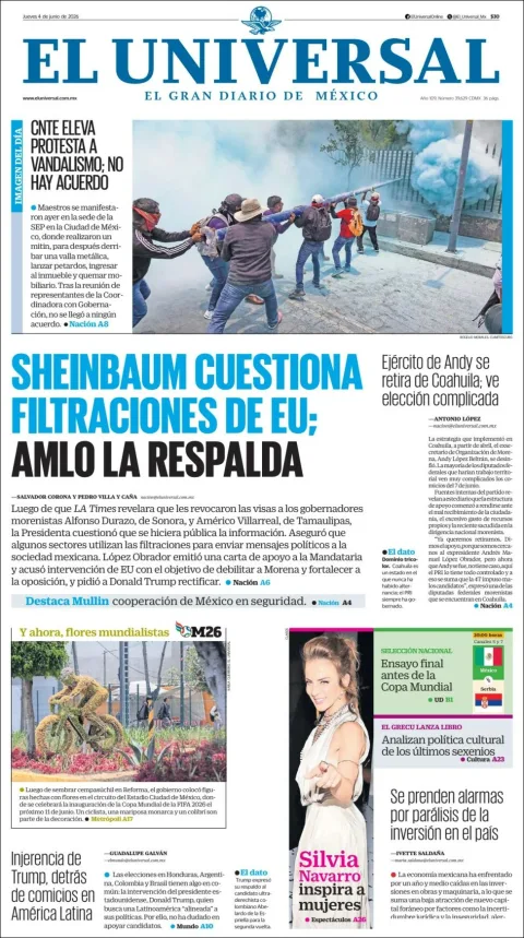 Portada de El Universal del jueves, 4 de junio de 2026