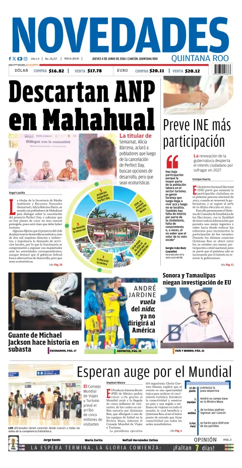 Portada de Novedades Quintana Roo del jueves, 4 de junio de 2026