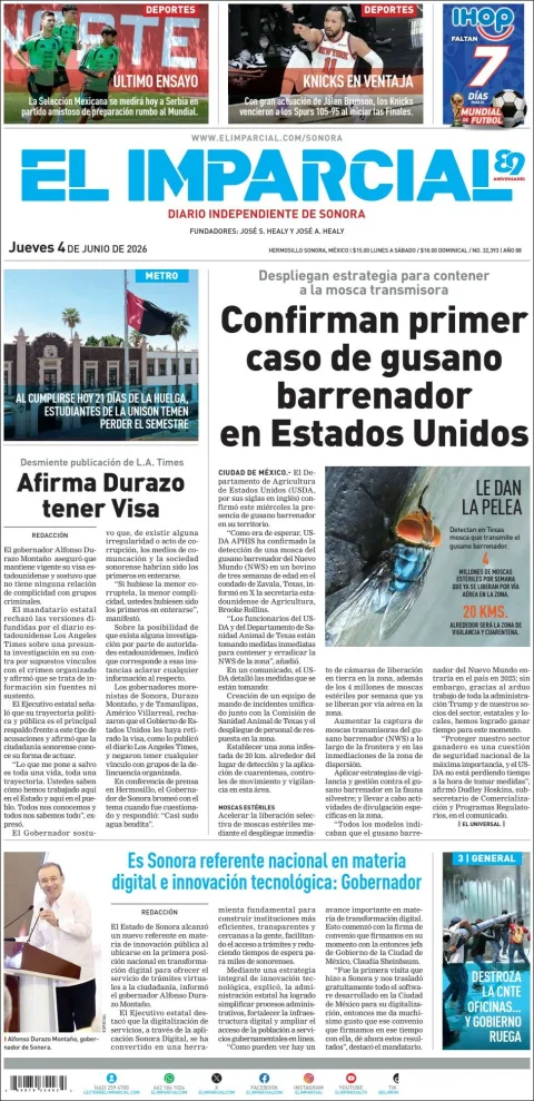 Portada de El Imparcial del jueves, 4 de junio de 2026