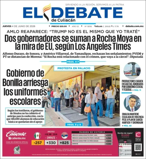 Portada de El Debate de Culiacan del jueves, 4 de junio de 2026