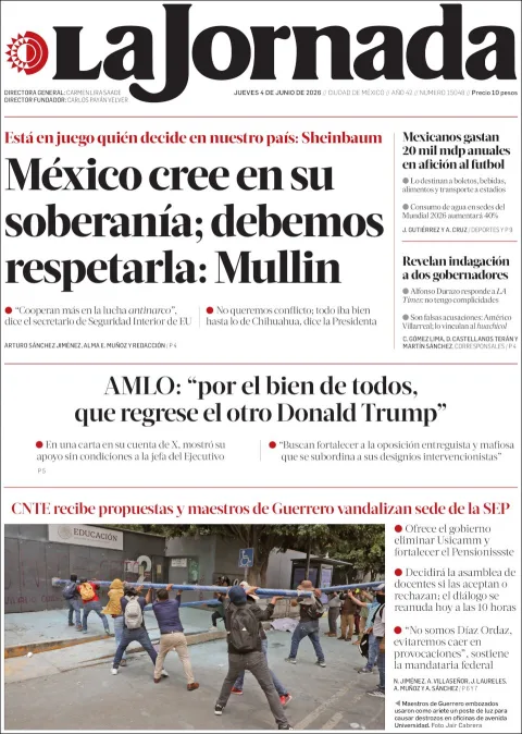 Portada de La Jornada del jueves, 4 de junio de 2026