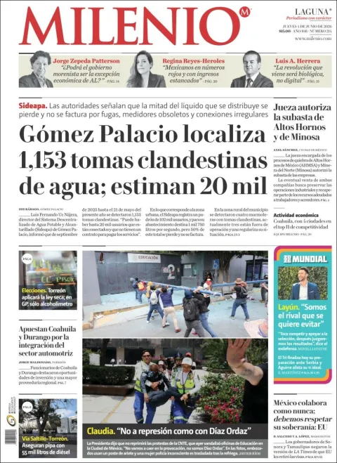 Portada de Milenio Laguna del jueves, 4 de junio de 2026