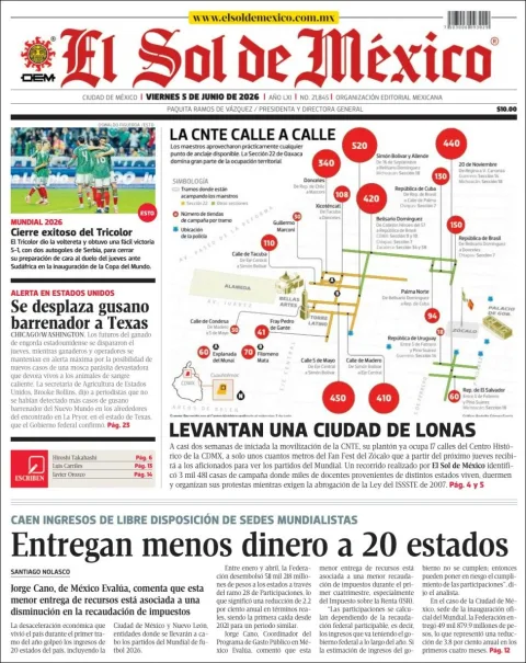 Portada de El Sol de Mexico del viernes, 5 de junio de 2026