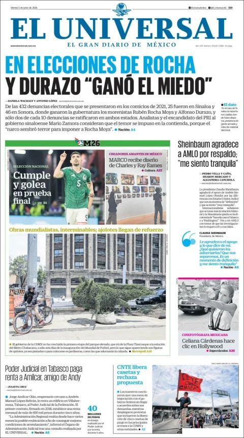 Portada de El Universal del viernes, 5 de junio de 2026