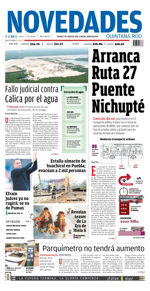 Portada de Novedades Quintana Roo del viernes, 5 de junio de 2026