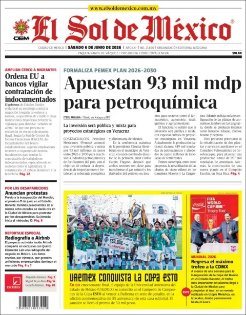 Portada de El Sol de Mexico del sábado, 6 de junio de 2026