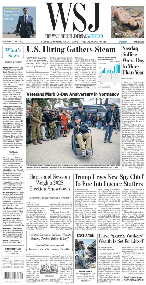 Portada de The Wall Street Journal del sábado, 6 de junio de 2026