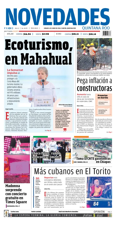 Portada de Novedades Quintana Roo del sábado, 6 de junio de 2026