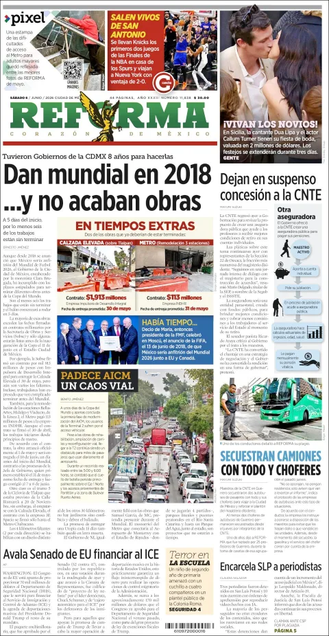 Portada de Reforma del sábado, 6 de junio de 2026