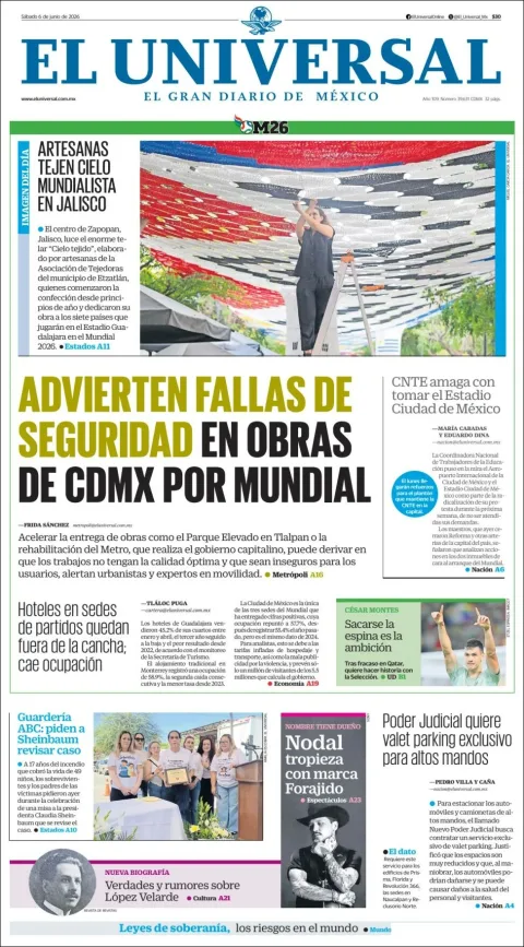 Portada de El Universal del sábado, 6 de junio de 2026