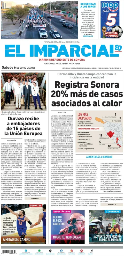 Portada de El Imparcial del sábado, 6 de junio de 2026