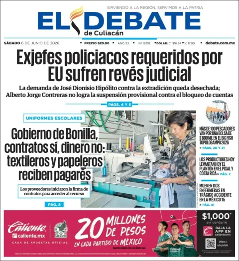 Portada de El Debate de Culiacan del sábado, 6 de junio de 2026