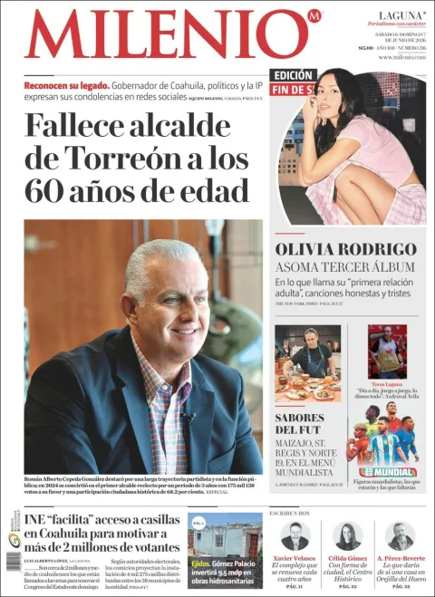 Portada de Milenio Laguna del sábado, 6 de junio de 2026