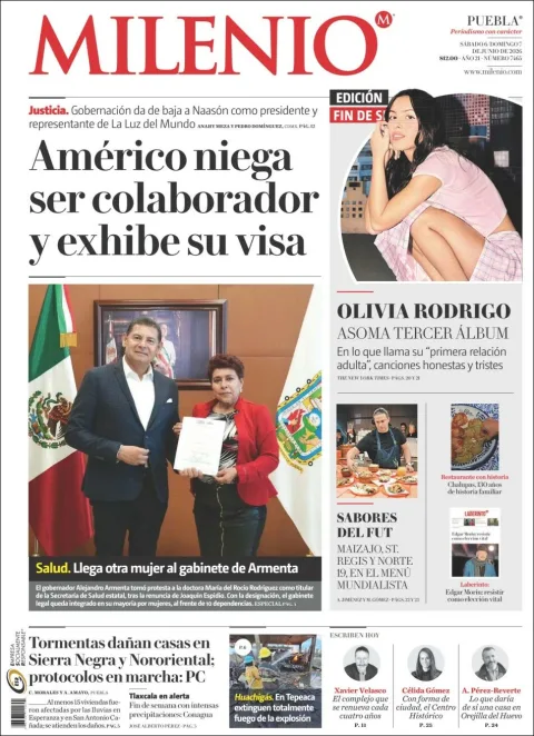 Portada de Milenio Puebla del sábado, 6 de junio de 2026