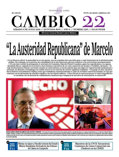 Portada de Diario Cambio 22 (contraportada) del sábado, 6 de junio de 2026